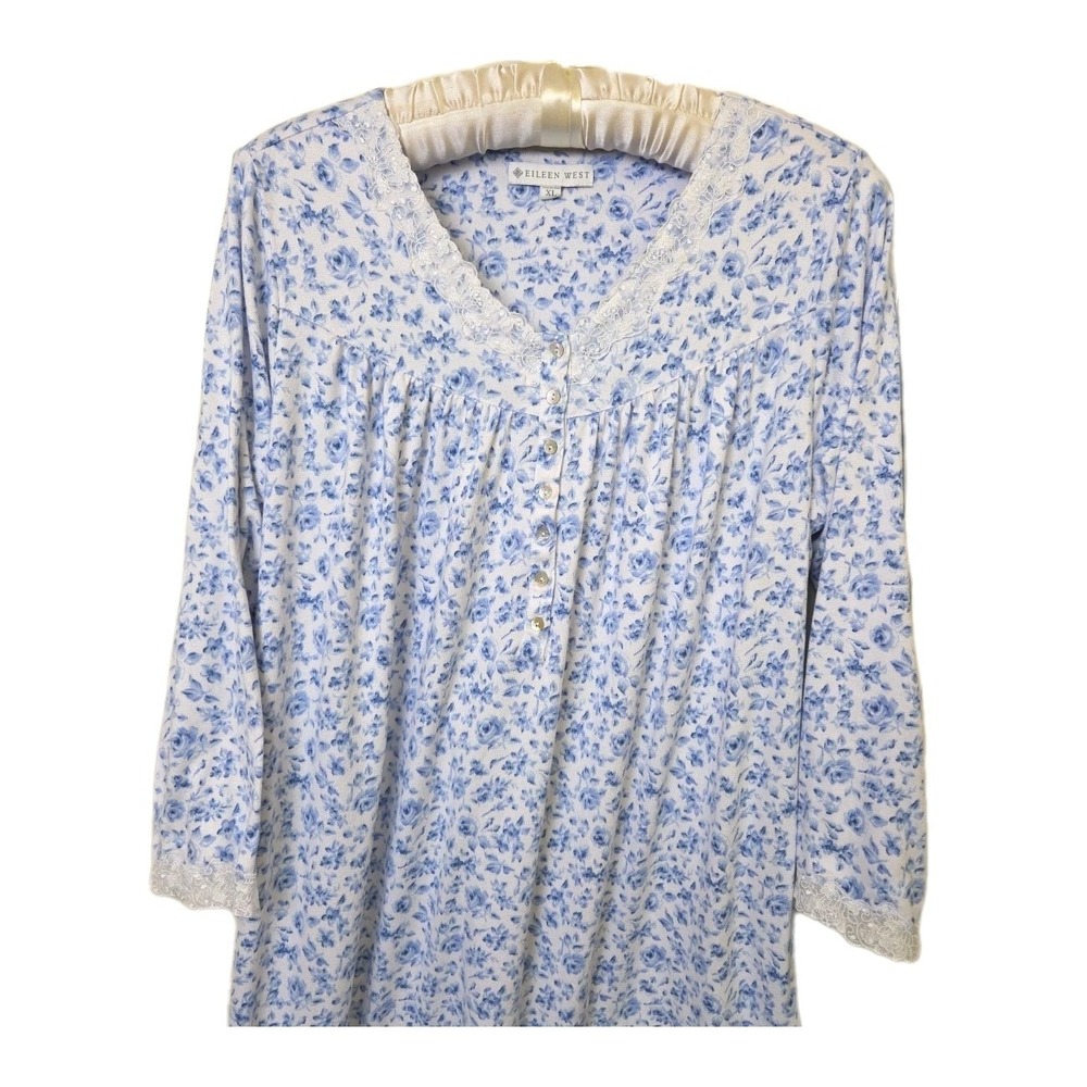 Eileen West Nightgown Blue Rose Floral Prairie Cottage Farmhouse Brushed Size XL